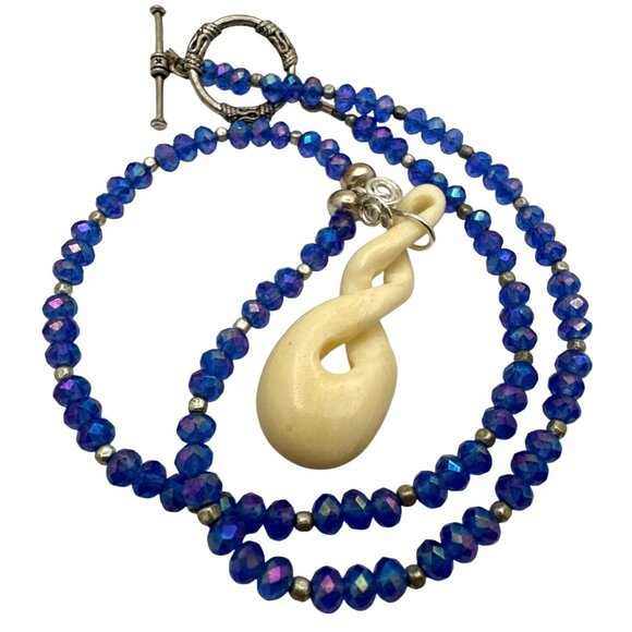 Maori Carved Twist Pendant Necklace Off White AB Blue Bead Chain Tribal Inspo - Picture 1 of 5
